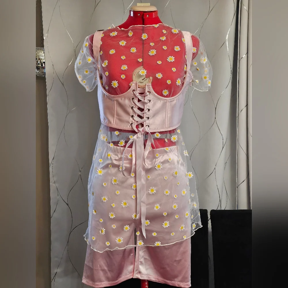 Dolls Kill Sugar Thrillz Pink Satin Underbust & Biker Shorts +Extra Mesh Flower - Picture 8 of 12